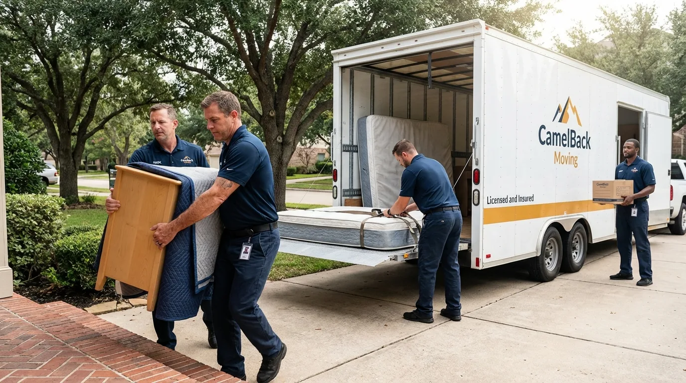 Crew loading residential truck for cross-state move from Gibson City, IL