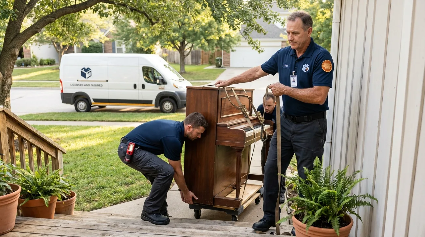 Licensed piano movers securing grand piano in Gibson City, IL