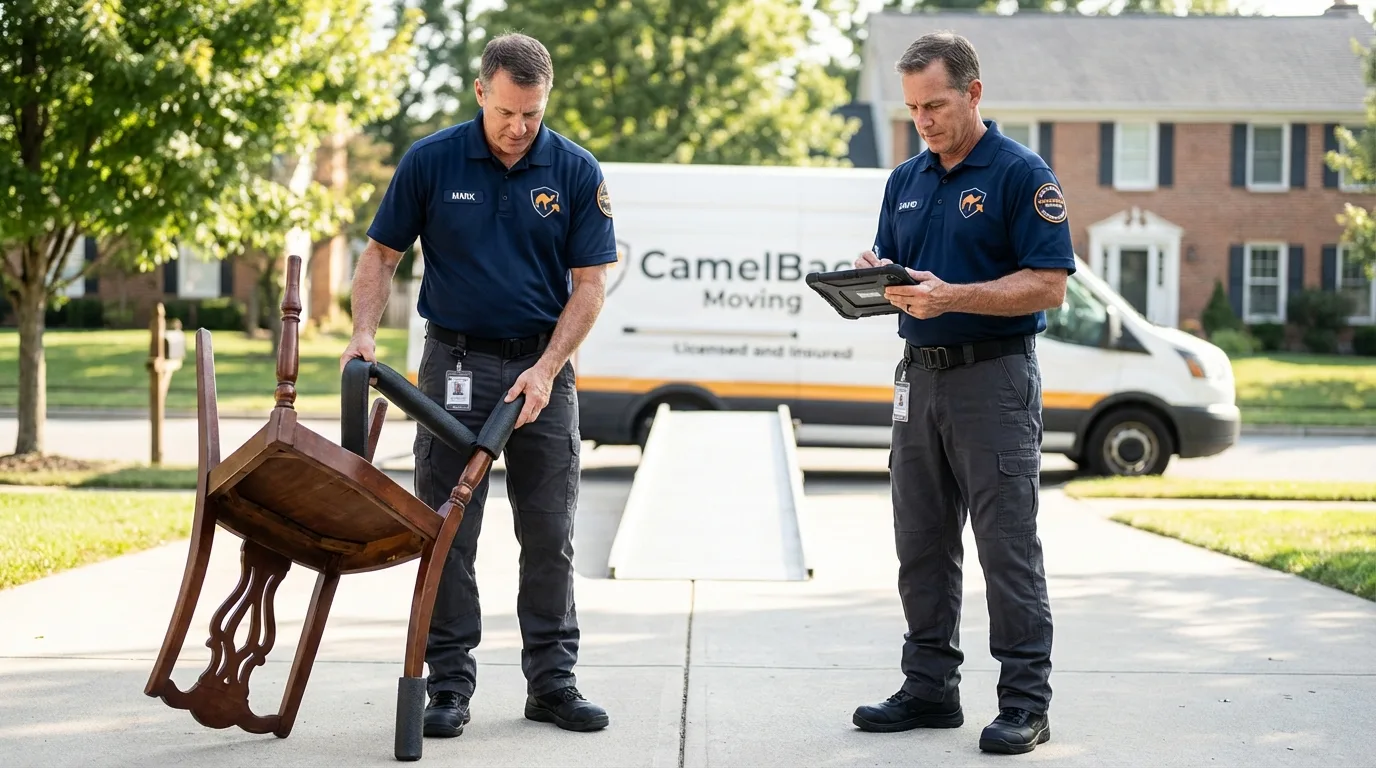 Movers inspecting furniture for damage prevention before loading in Gibson City, IL
