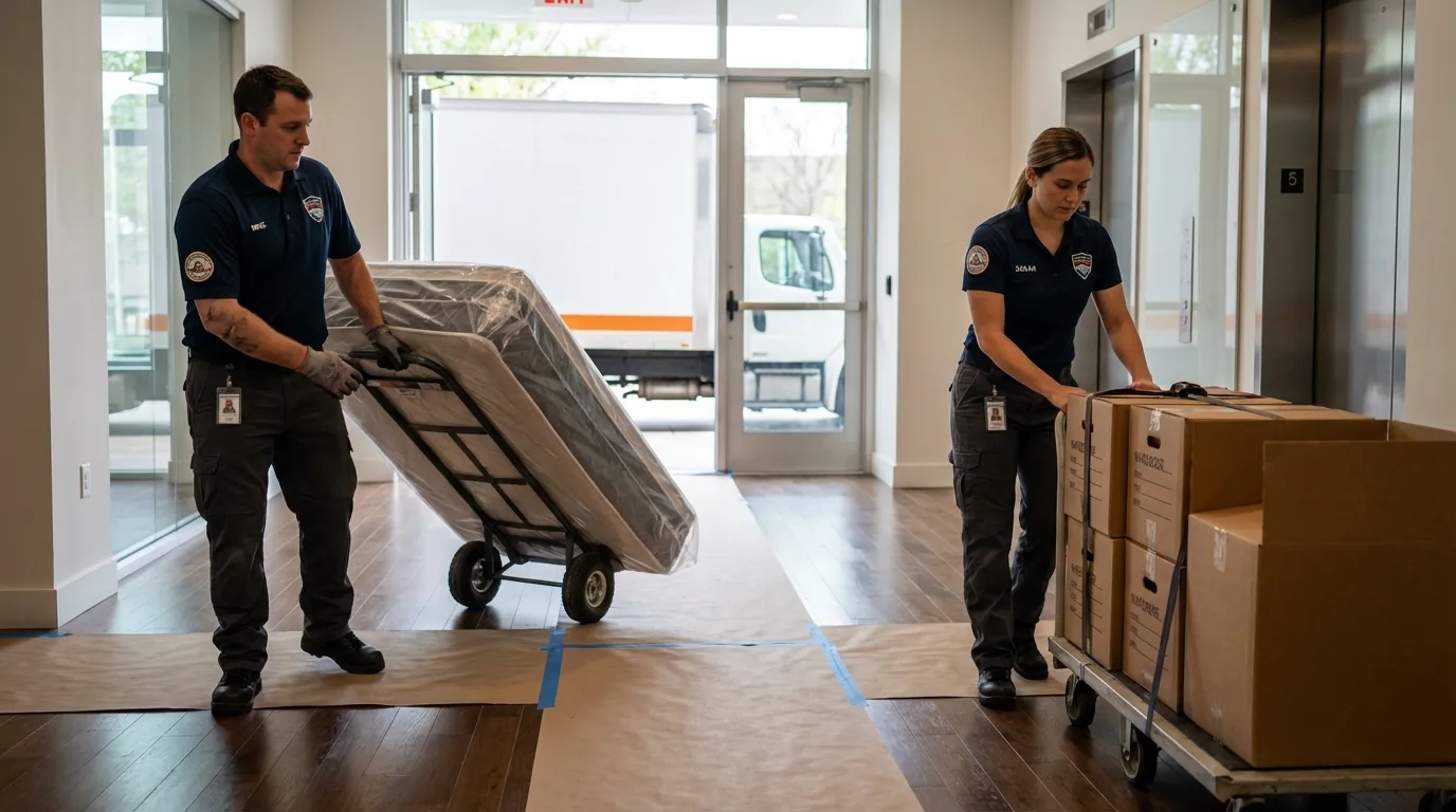 Professional apartment movers loading elevator in Gibson City, IL