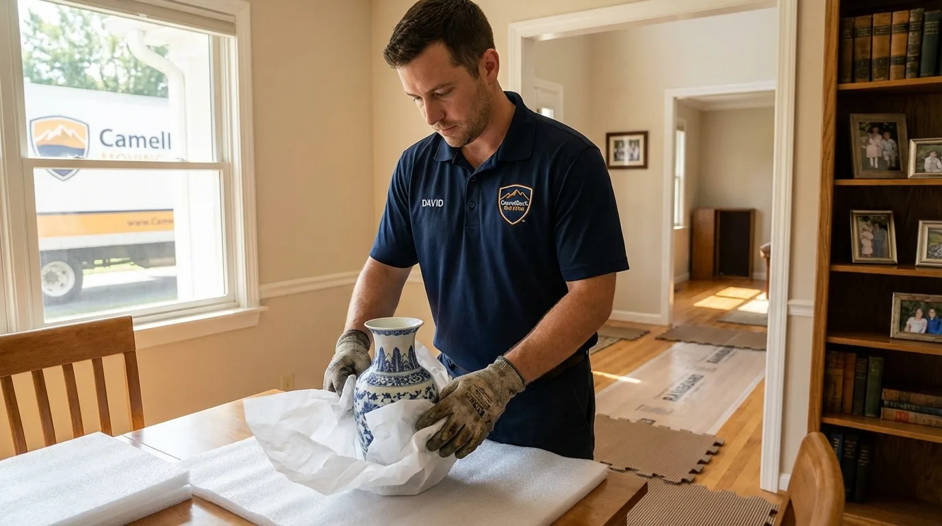 Professional crew carefully wrapping antique vase for senior downsizing move in Gibson City, IL