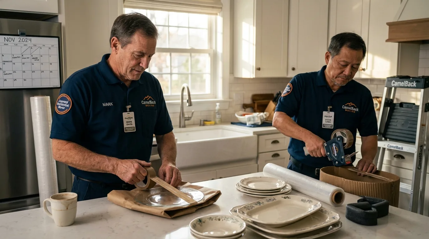 Professional crew packing kitchen dishware in Gibson City, IL